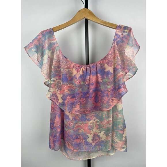Show Me Your Mumu Chiquita Multicolor Watercolor Sheer Flowy Off Shoulder Top M - Picture 6 of 6